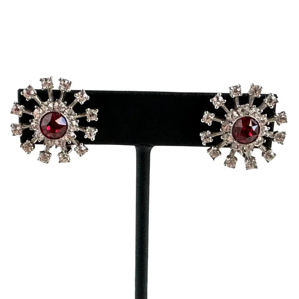 Vintage Sterling Clip-On Earrings, 1940s Rhinestone Starburst - Picture 1 of 7